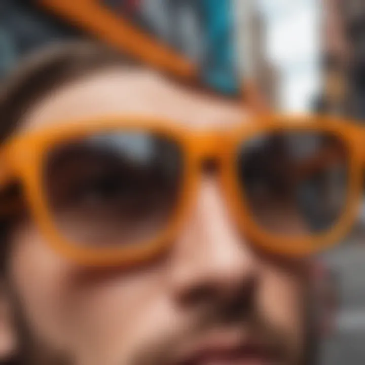 Close-up of orange sunglasses with a stylish backdrop of urban graffiti