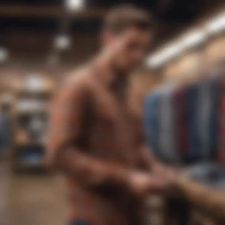 An individual trying on a flannel shirt in a cozy brick-and-mortar store environment.