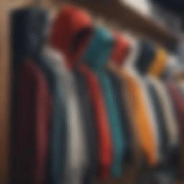 A vibrant selection of hoodies displayed in a skate shop