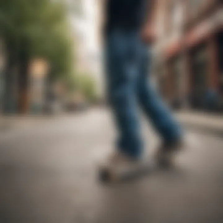 Skateboarders wearing quarter roy pants in an urban environment.