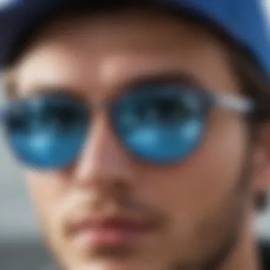 Close-up of the blue mirror lenses showcasing their reflective qualities