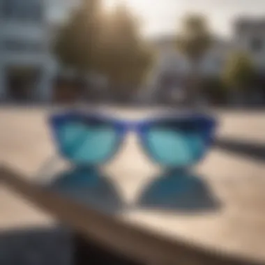 Artistic arrangement of Ray-Ban Erika Blue Mirror sunglasses on a skateboard