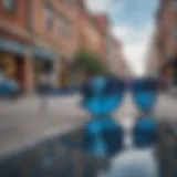 Ray-Ban Erika Blue Mirror sunglasses displayed against a vibrant urban backdrop