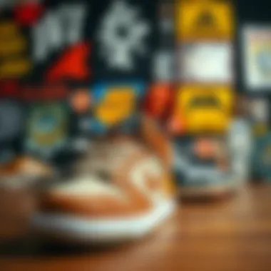 Stylish display of RDBLA shoes against a backdrop of skate culture memorabilia.