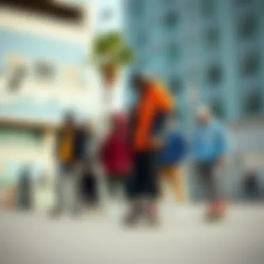 Group of diverse skaters showcasing their RDBLA shoes in a vibrant urban setting.