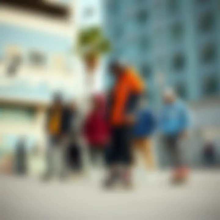 Group of diverse skaters showcasing their RDBLA shoes in a vibrant urban setting.