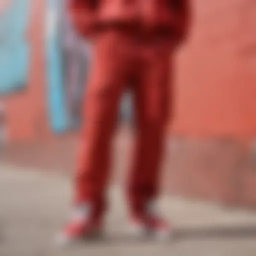 Close-up of vibrant red cargo pants against a graffiti wall