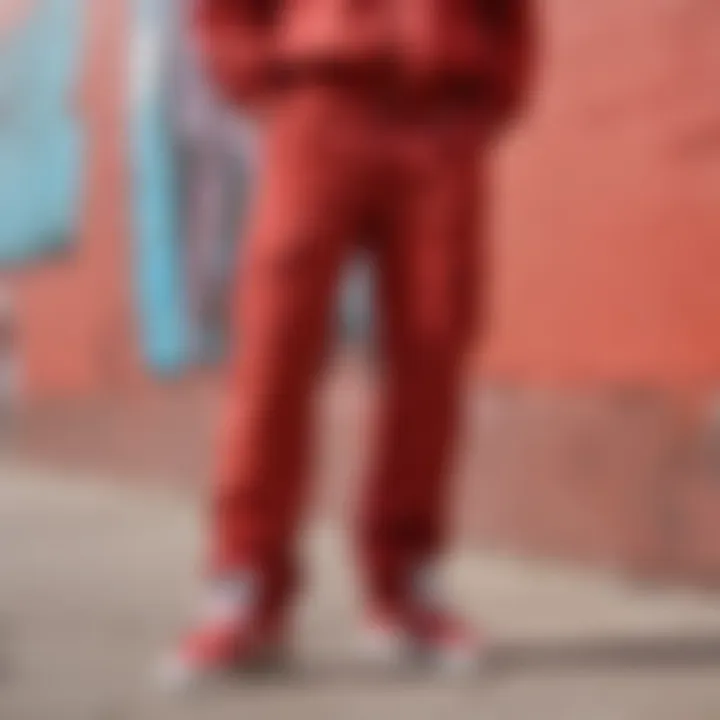 Close-up of vibrant red cargo pants against a graffiti wall