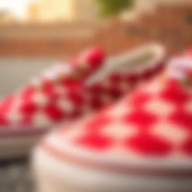 Detailed Look at Vans Slip-Ons Design Close-up view of red and white Vans slip-ons showcasing their unique design.