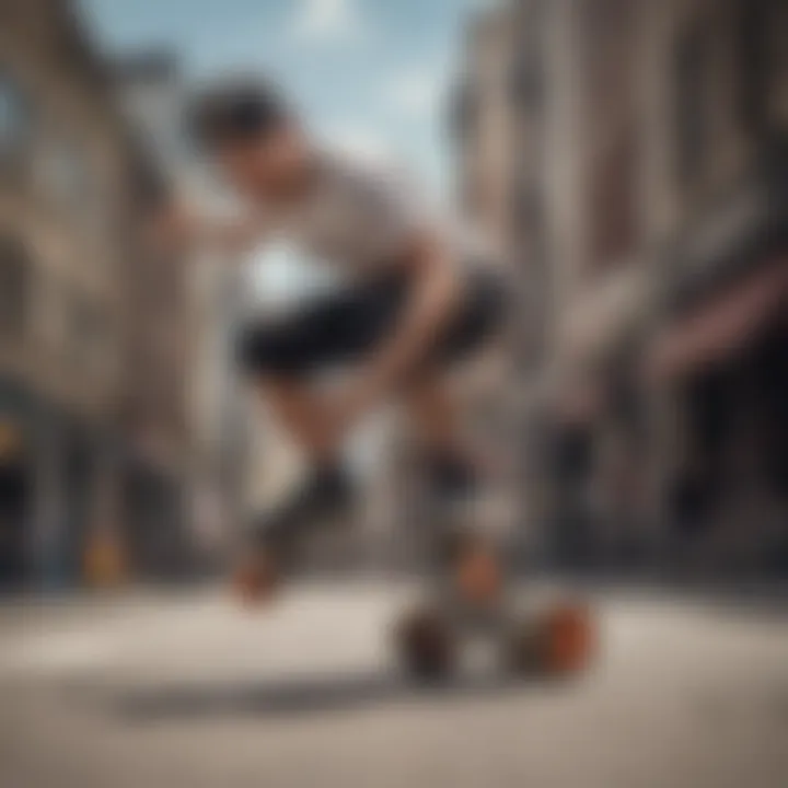 Skater performing tricks using Rough Rider wheels in an urban environment