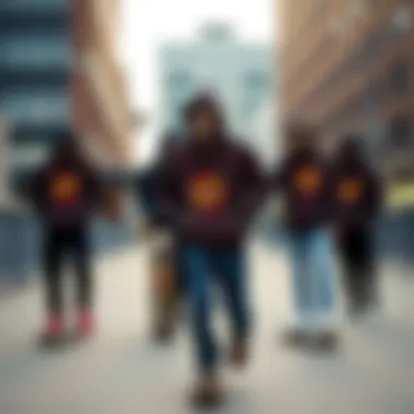 A group of skaters wearing the Santa Cruz Classic Dot Hoodie in an urban environment.