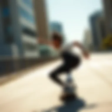 An individual riding a Sector 9 longboard in an urban setting.