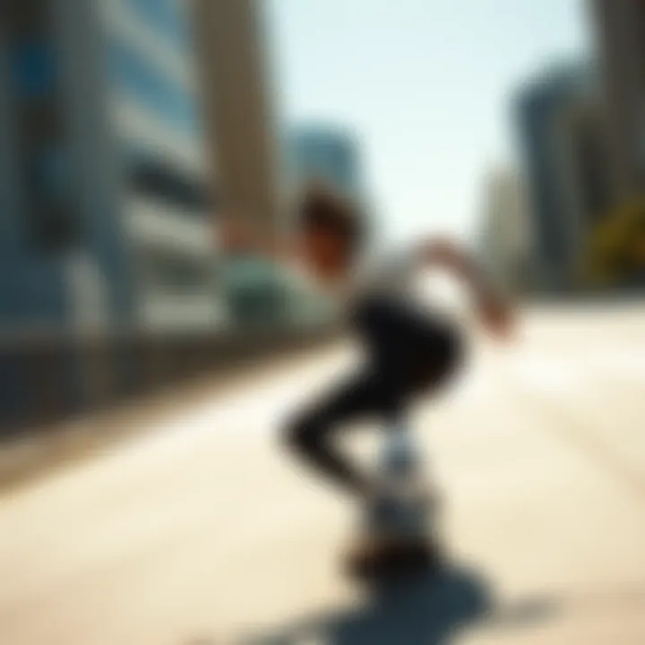 An individual riding a Sector 9 longboard in an urban setting.
