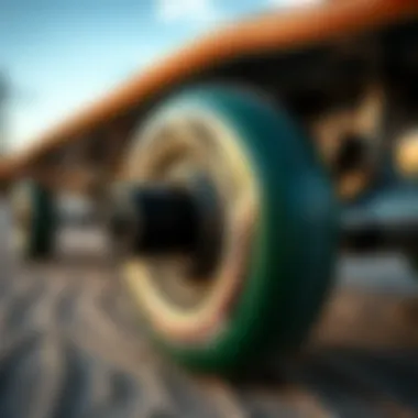 Detail of the wheels and deck of a Sector 9 longboard.