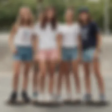 A group of skateboarders at a skate park dressed in trendy baggy Bermuda shorts.