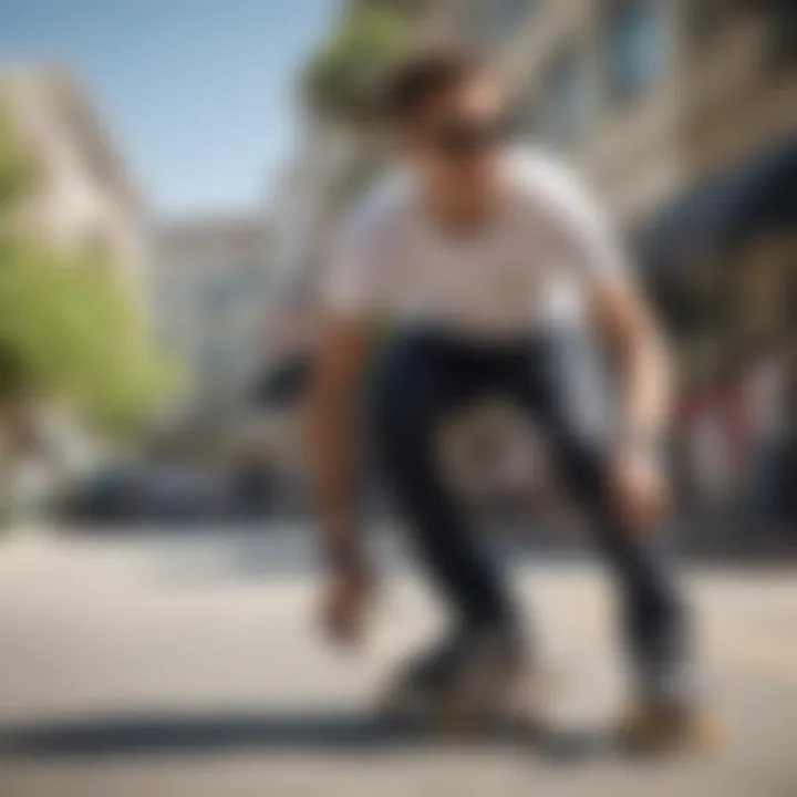 Skateboarder executing a trick with Wayfarers on a sunny day