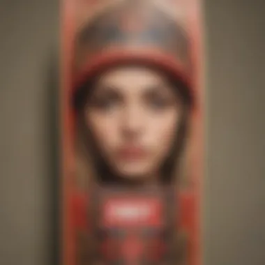 Close-up of a skateboard deck with Obey-inspired graphics