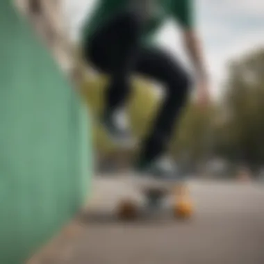 A skateboarder in action wearing green and black Vans