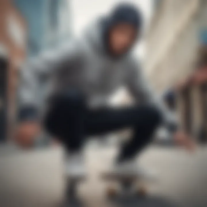 Close-up of a skateboarder wearing a stylish hoodie while performing a trick