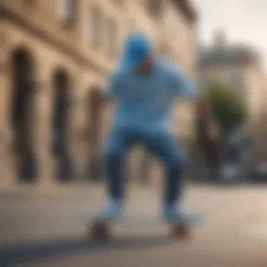 A skateboarder wearing a light blue Nike hat performing a trick in an urban setting.