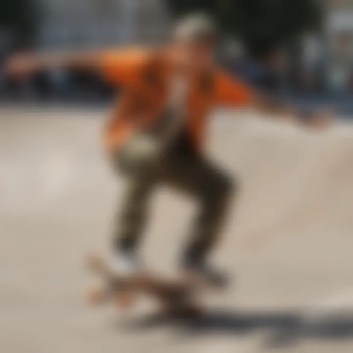 Skateboarder wearing an orange camo vest while performing a trick