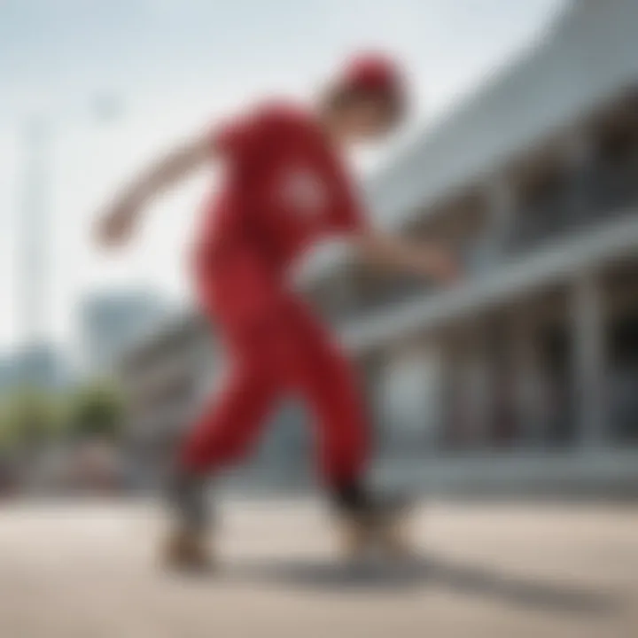 Skateboarder wearing red cargo pants performing a trick