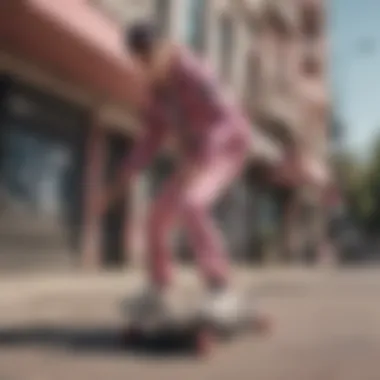 Skateboarder wearing camouflage pink pants in urban setting