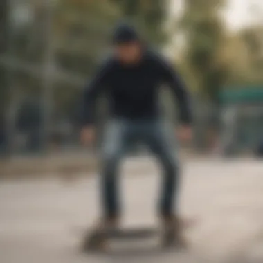 A skateboarder wearing a stylish beanie in an urban skate park setting.