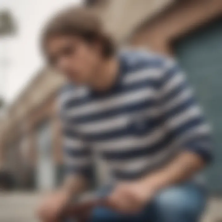 Skateboarder wearing a Vans striped shirt in an urban setting