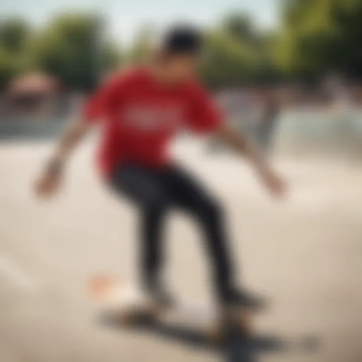 Skateboarder wearing a vintage Coke shirt during a trick at a skate park, embodying the fusion of fashion and sport