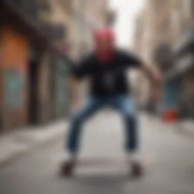 Skateboarder wearing a Playboy bandana during a trick in an urban environment.