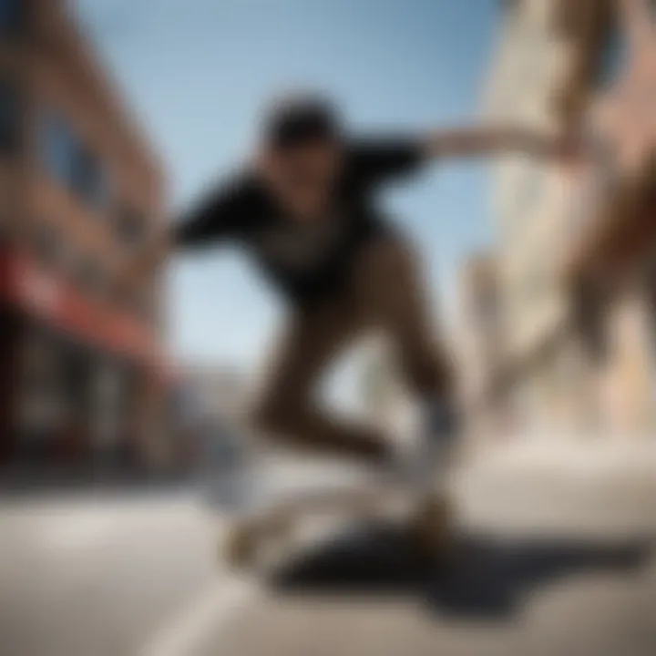 Skateboarder wearing rubberized Ray-Bans during a trick