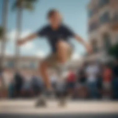 Dynamic shot of a skateboarder performing a trick while wearing baggy Bermuda shorts.