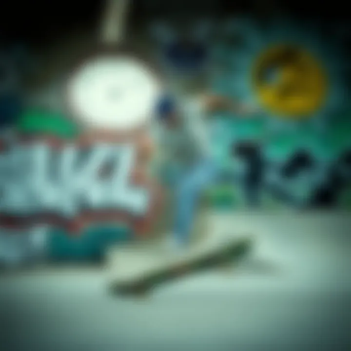 An artistic graffiti wall serving as a backdrop for skateboarding