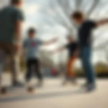 A dynamic group of skaters collaborating and sharing tricks in a park