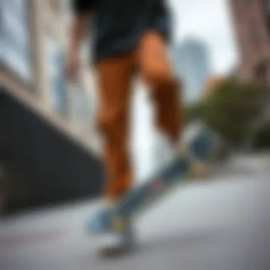 Fashionable skater wearing corduroy cargo pants in urban setting