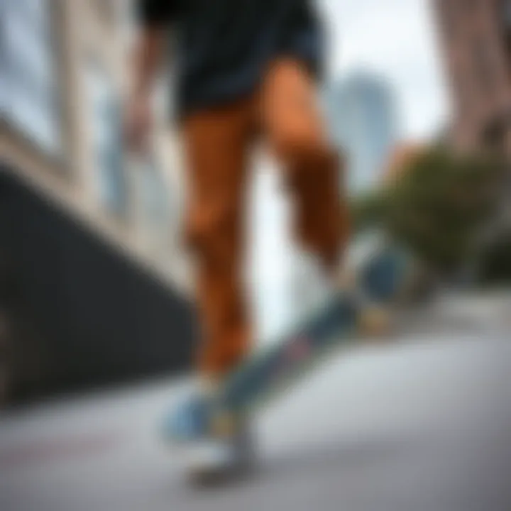 Fashionable skater wearing corduroy cargo pants in urban setting