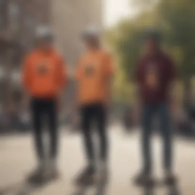 Group of skaters discussing electric sun glasses and their benefits