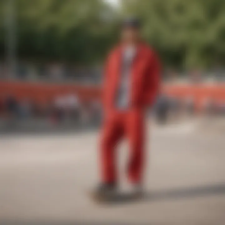 Group of skaters in red cargo pants at a skate park