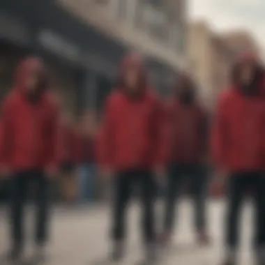 A group of skaters showcasing various styles with dark red zip-up hoodies.