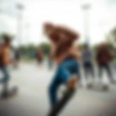 Taupe Sweatshirts in Skate Culture A group of skaters in taupe sweatshirts performing tricks at a skate park, emphasizing community and culture.