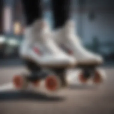 A close-up view of sneakers integrated with roller skate wheels showcasing innovative design.