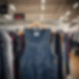 A variety of overalls displayed on hangers in a retail store