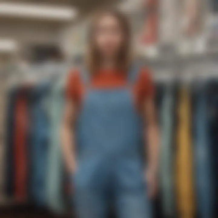 Thrift store showcasing an assortment of second-hand overalls