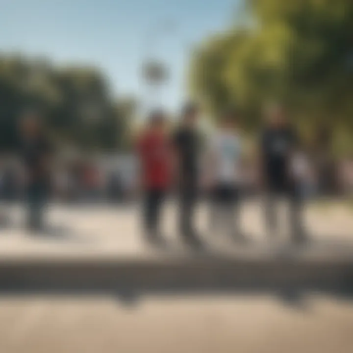 A group of skateboarders of different stances sharing the park, illustrating community engagement.