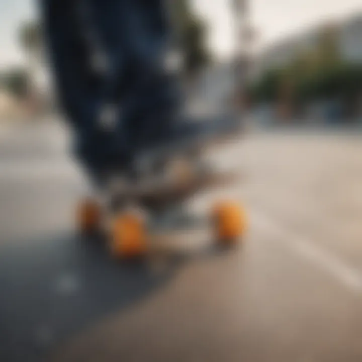 A close-up of skateboard wheels on a board, emphasizing the importance of stance in performance.