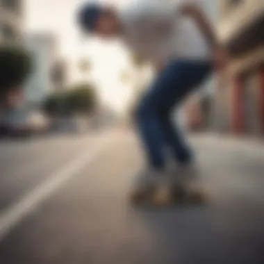 Unique Skate Stance in Urban LA An example of a skateboarder demonstrating a unique stance on a Los Angeles street.