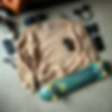 Flat Lay: Taupe Sweatshirt and Skate Accessories A stylish flat lay of a taupe sweatshirt, skateboard, and accessories, symbolizing self-expression.