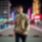 A taupe sweatshirt displayed against a vibrant urban backdrop, showcasing its stylish versatility.