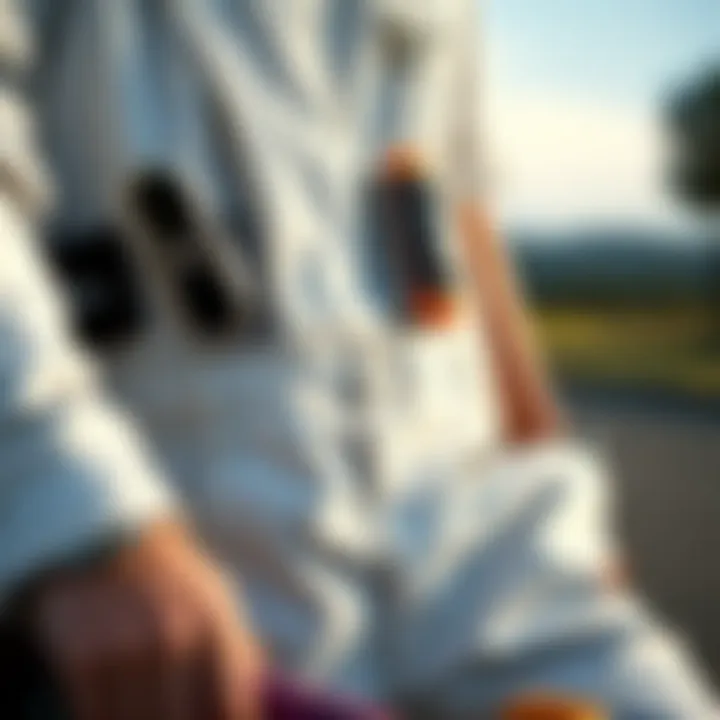 Close-up of white denim overalls with skateboard accessories